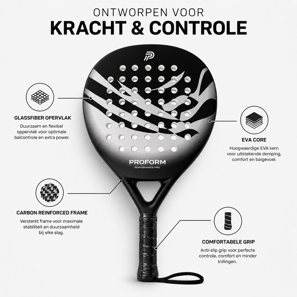 PROFORM Performance Pro Padelracket - Inclusief Beschermhoes - Soft EVA Kern - 365g - Carbon & Glasvezel - Voor Beginners & Gevorderden