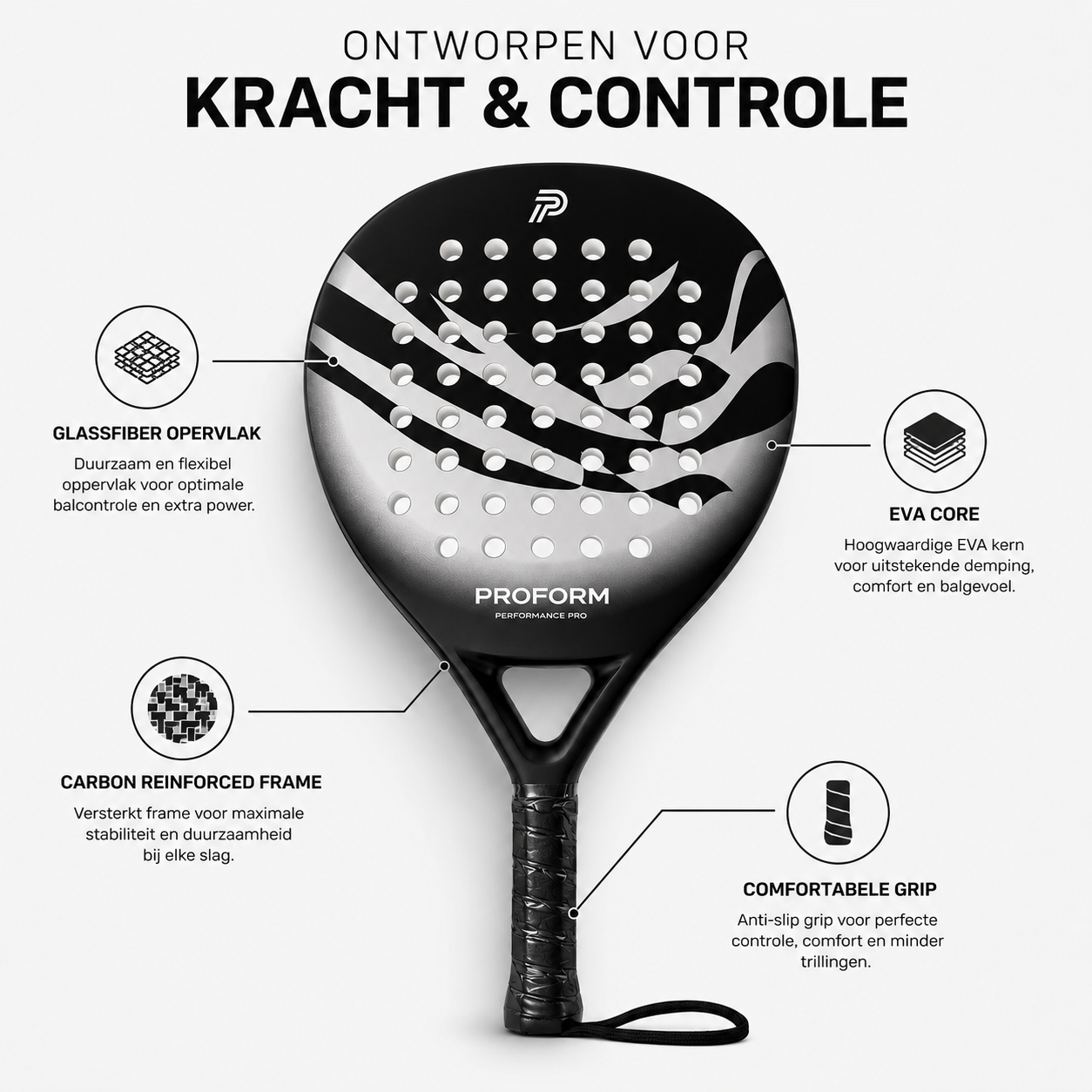 PROFORM Performance Pro Padelracket - Inclusief Beschermhoes - Soft EVA Kern - 365g - Carbon & Glasvezel - Voor Beginners & Gevorderden