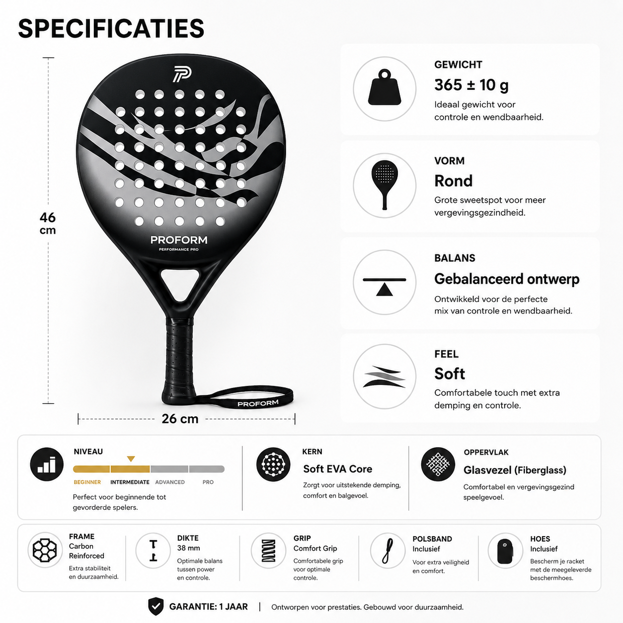 PROFORM Performance Pro Padelracket - Inclusief Beschermhoes - Soft EVA Kern - 365g - Carbon & Glasvezel - Voor Beginners & Gevorderden