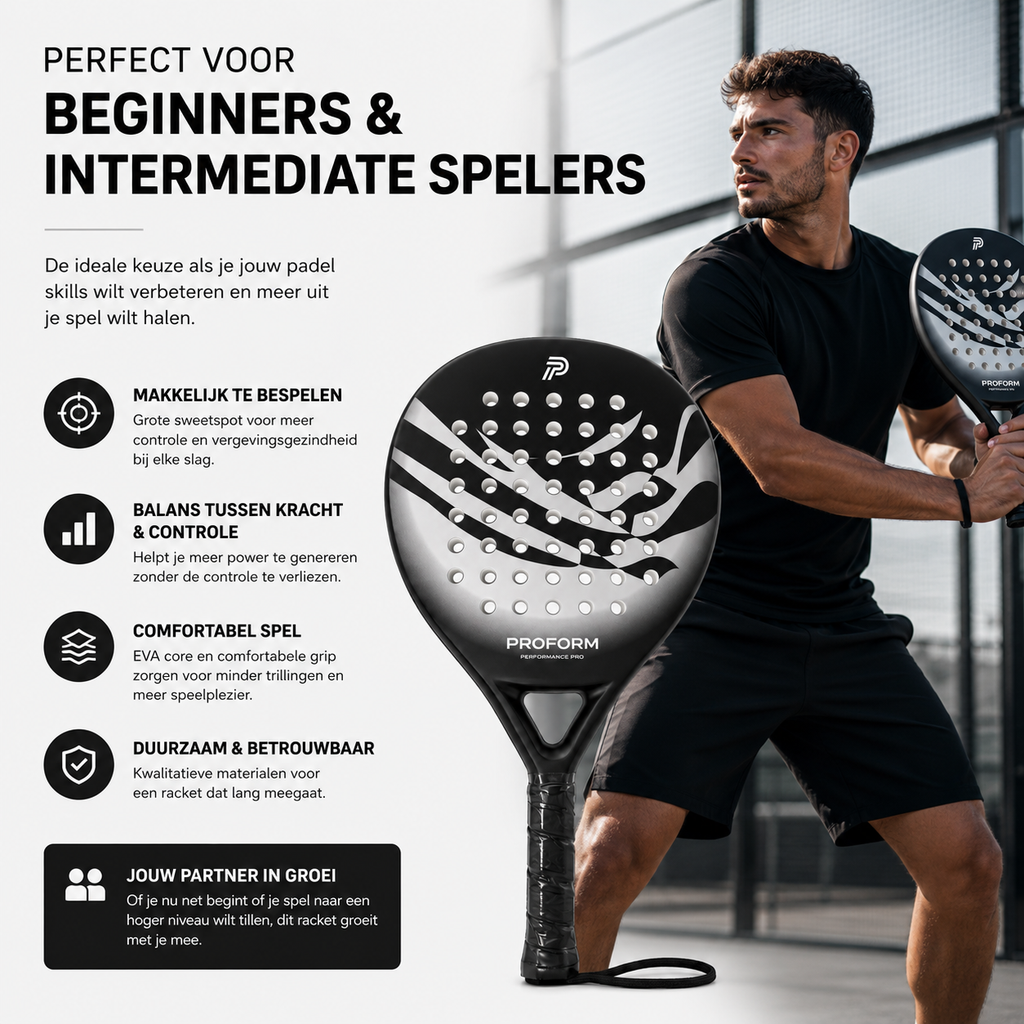 PROFORM Performance Pro Padelracket - Inclusief Beschermhoes - Soft EVA Kern - 365g - Carbon & Glasvezel - Voor Beginners & Gevorderden