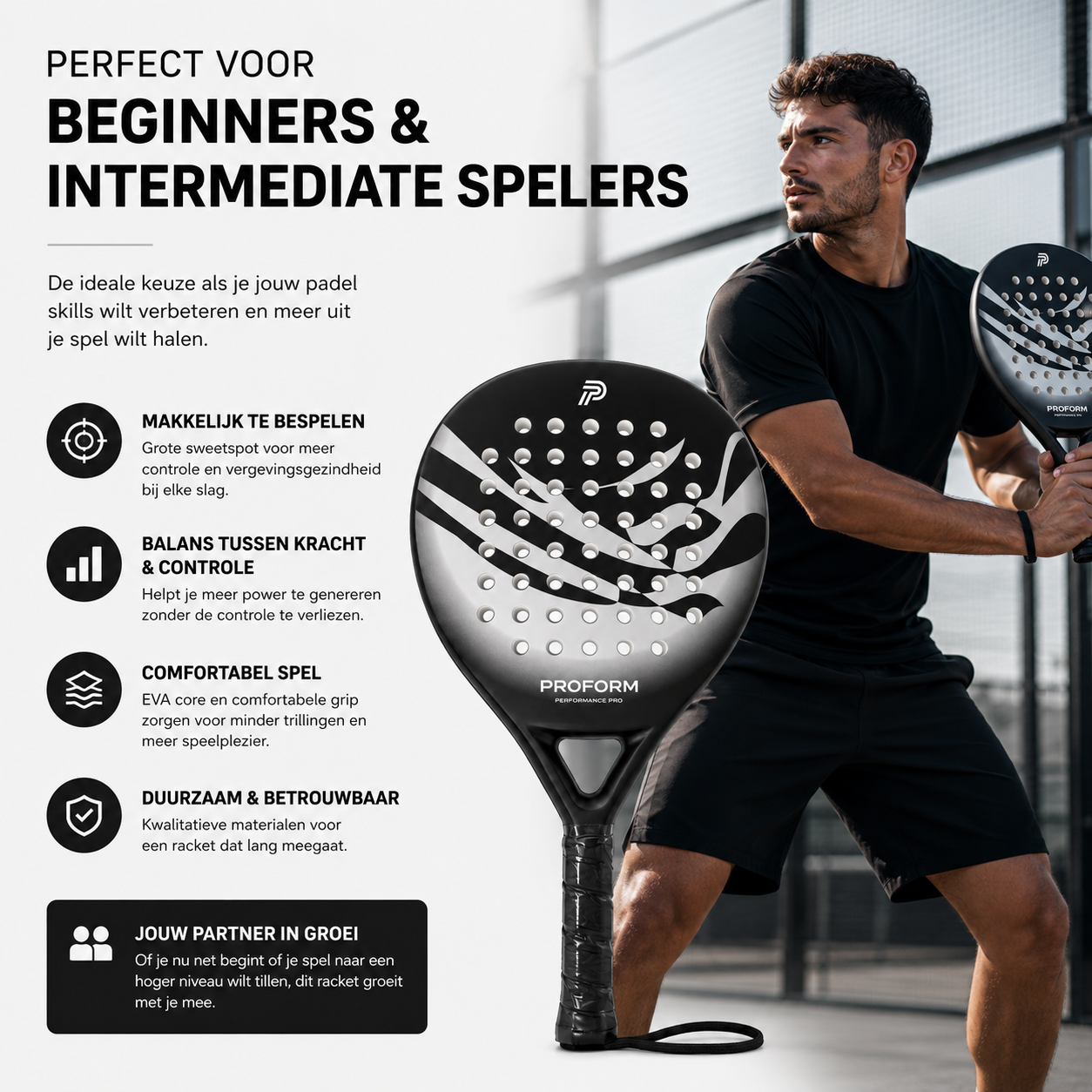 PROFORM Performance Pro Padelracket - Inclusief Beschermhoes - Soft EVA Kern - 365g - Carbon & Glasvezel - Voor Beginners & Gevorderden